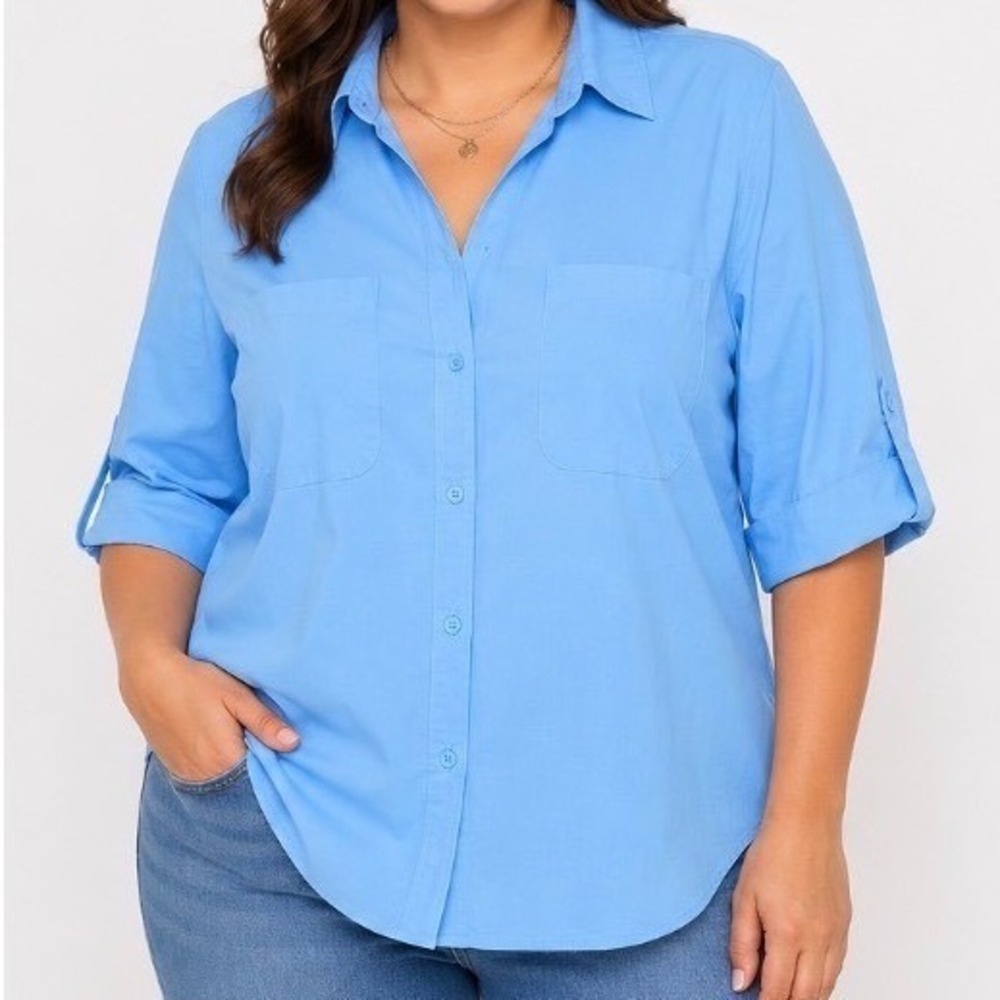 Chico's Size 3 Aqua Blue Roll Tab Sleeve Button Down Shirt Plus Size XL 16